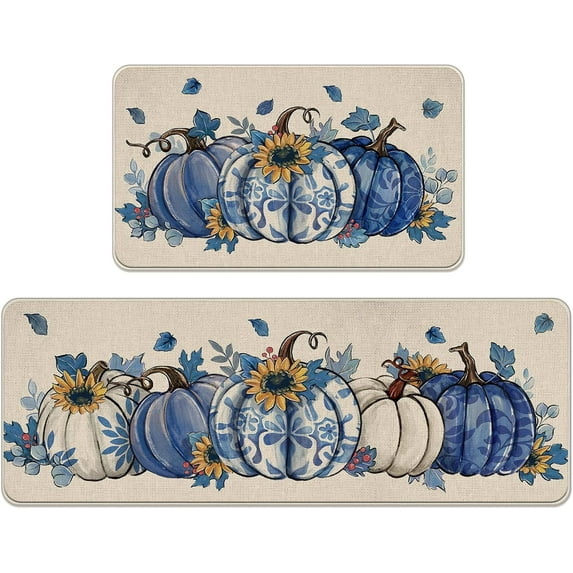 Fall Blue and White Porcelain Pumpkin Kitchen Rugs Set of 2, Autumn Sunflower Kitchen Mats Decor, Thanksgiving Seasonal Floor Door Mat Home Decorations - 17x30 and 17x47 Inch