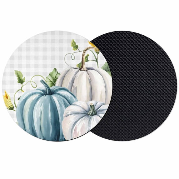 Fall Blue White Pumpkin Coasters Set of 2, Absorbent Coasters for Drinks, Thanksgiving Leaves Floral Plaid Coaster for Desk Coffee Table Protection, Home Decor House Warming Gifts 4"