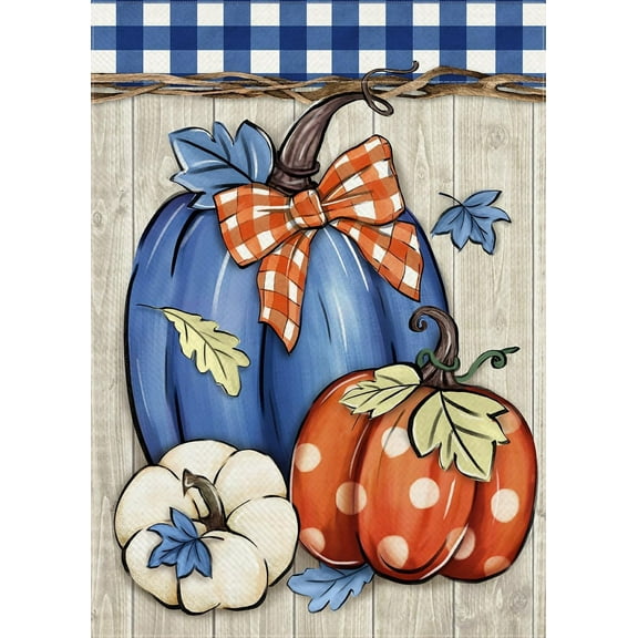 Fall Blue White Pumpkin Decorative Garden Flag, Autumn Plaid Check Farmhouse Yard Outside Decorations, Thanksgiving Rustic Burlap Outdoor Small Home Decor Double Sided 12.5 x 18