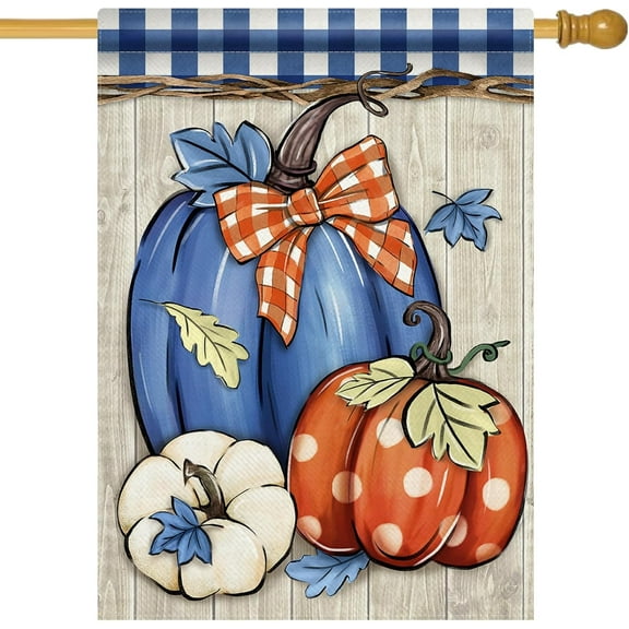 Fall Blue White Pumpkin Decorative House Flag, Autumn Plaid Check Farmhouse Garden Yard Outside Decorations, Thanksgiving Rustic Burlap Outdoor Large Home Decor Double Sided 28 x 40