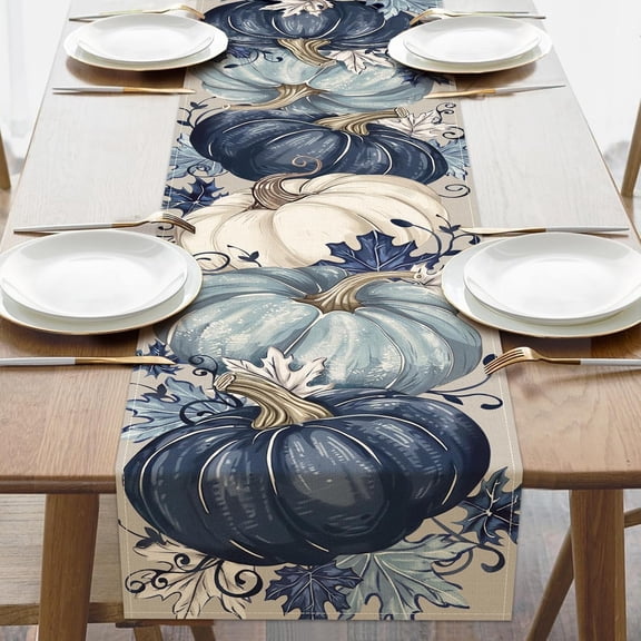Fall Blue White Pumpkin Dining Table Runner, Autumn Thanksgiving Maple Leaves Burlap Kitchen Decoration, Seasonal Indoor Outdoor Home Decor Party Supply 13 x 90 Inches