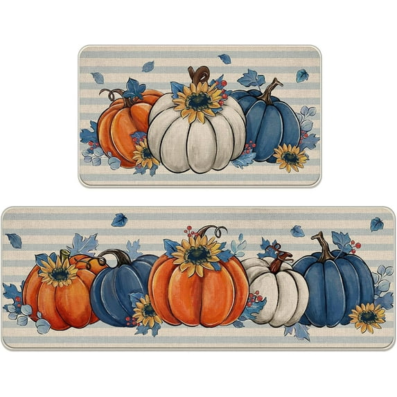 Fall Blue White Pumpkin Kitchen Rugs Set of 2, Autumn Sunflower Stripes Kitchen Mats Decor, Thanksgiving Seasonal Floor Door Mat Home Decorations - 17x30 and 17x47 Inch