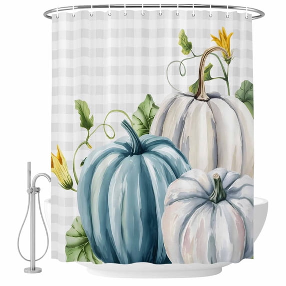 Fall Blue White Pumpkin Shower Curtain, Waterproof Shower Curtains for Bathroom, Thanksgiving Leaves Floral Plaid Washable Fabric Bathtub Curtain Set Bath Decor with 12 Hooks Stall 36"x72"