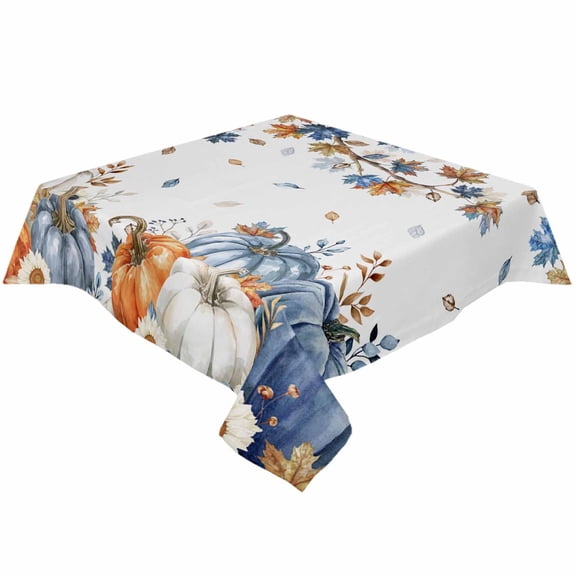 Fall Blue White Pumpkin Square/Round Tablecloths 60x60,Thanksgiving Orange Maple Leaf Table Cloth Table Cover Indoor/Outdoor Tabletop Decor for Wedding Holiday Party Dinner Baby Shower