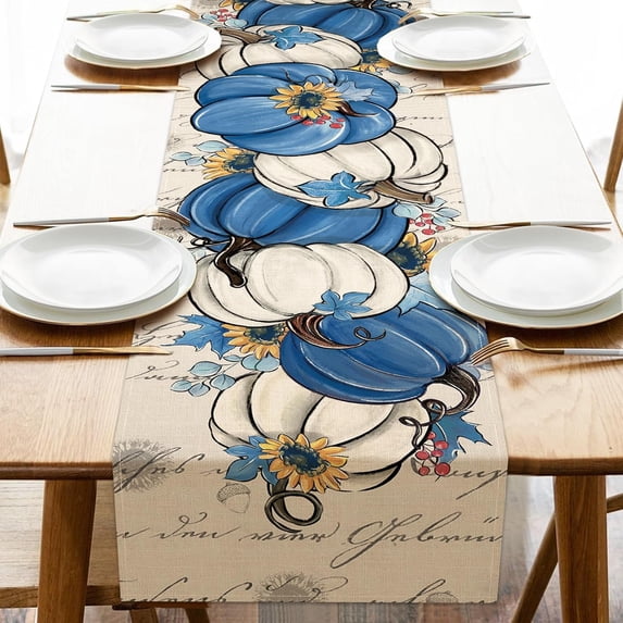 Fall Blue White Pumpkin Table Runner, Autumn Thanksgiving Sunflower Eucalyptus Leaves Kitchen Dining Table Decoration, Seasonal Indoor Outdoor Home Decor Party Supply 13 x 36 Inch