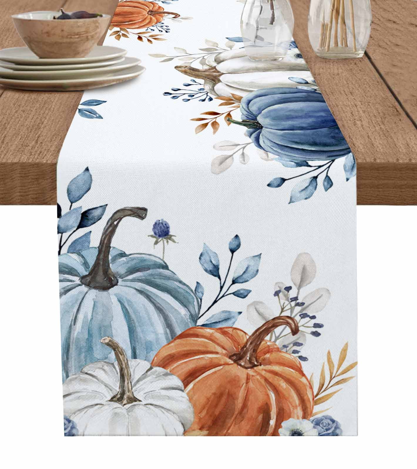 Fall Blue White Pumpkins Burlap-Cotton Table Runner 72 Inches Long ...