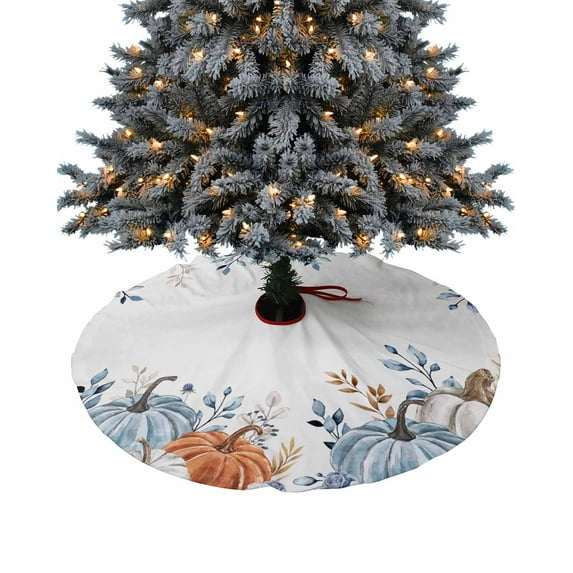 Fall Blue White Pumpkins Christmas Tree Skirt 36 Inches Large Christmas Skirt Tree,Thanksgiving Botanical Maple Eucalyptus Tree Skirt Christmas Decorations for Fireplace Party Holidays Indoor Outdoor