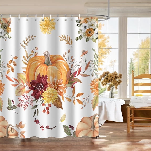 Fall Bohemian Pumpkin Shower Curtain Set for Bathroom Decor Autumn Harvest Thanksgiving Flowers Farmhouse Boho Watercolor Washable Bathtub Curtain with Hook 72''''X72''''