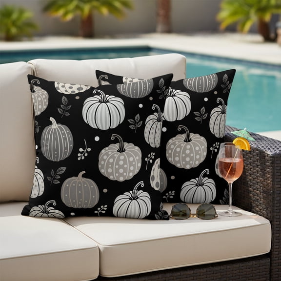 Fall Boho Outdoor Pillow Covers 26x26 Inch Throw Pillow Covers Set of 2 Waterproof Decorative Pillow Cases Thanksgiving Dots Black Grey Pumpkin Leaves Cushion Covers for Patio Furniture Garden Couch