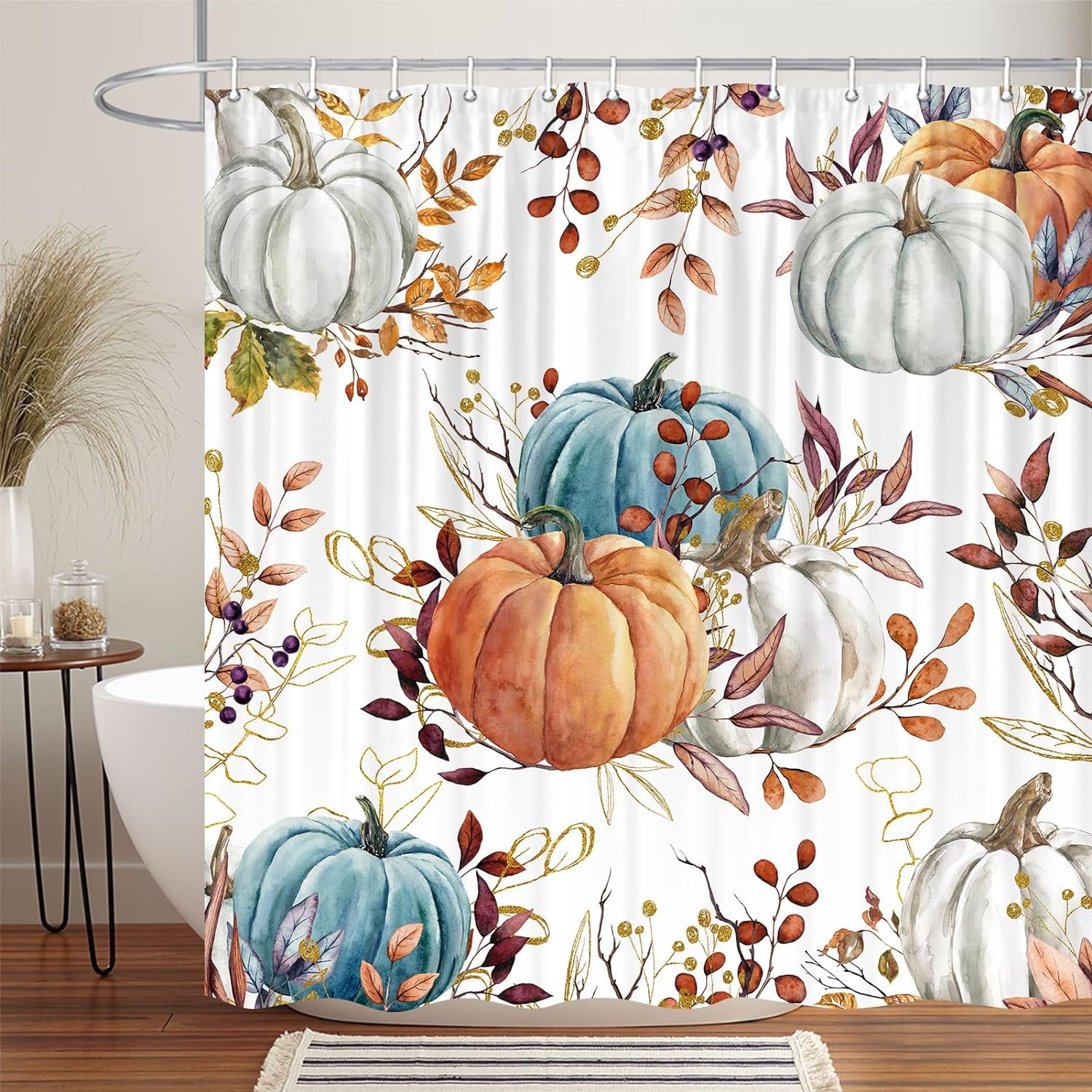 Fall Boho Pumpkin Shower Curtain, Rustic Autumn Maple Leaves Thanksgiving Harvest Decorative Farmhouse Shower Curtain, Fall Seasonal Orange Blue Fabric Shower Curtain Bathroom Accessories with 70X70