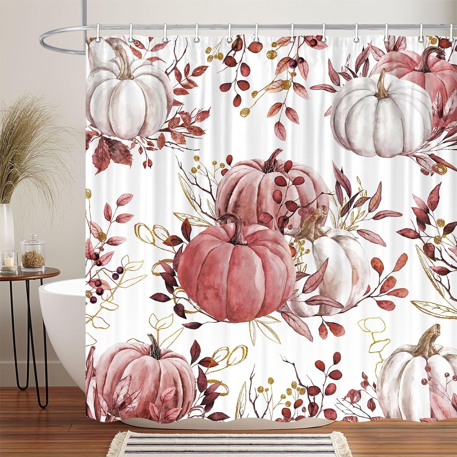 Fall Boho Pumpkin Shower Curtain, Rustic Autumn Maple Leaves Thanksgiving Harvest Decorative Farmhouse Shower Curtain, Fall Seasonal Pink Gold Fabric Shower Curtain Bathroom Accessories with 70X70