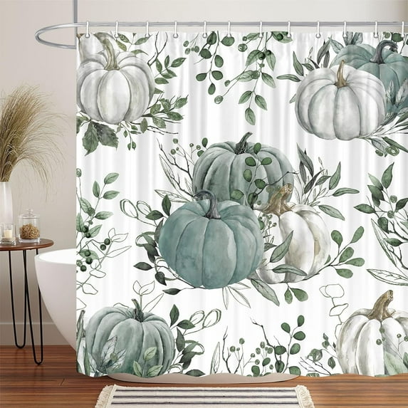 Fall Boho Pumpkin Shower Curtain, Rustic Autumn Maple Leaves Thanksgiving Harvest Decorative Farmhouse Shower Curtain, Fall Seasonal Teal Green Fabric Shower Curtain Bathroom Accessories with 70X70IN