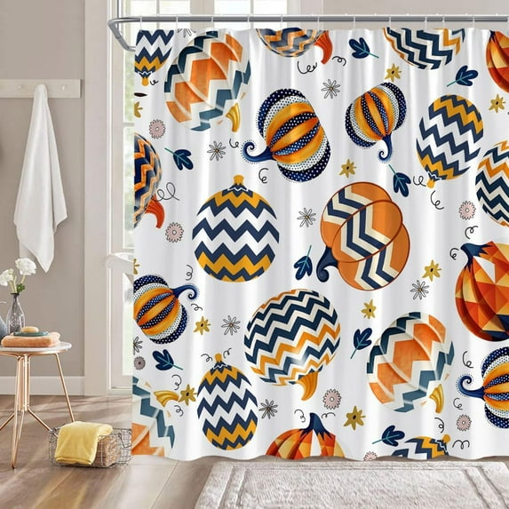Fall Boho Pumpkin Shower Curtain Watercolor Pumpkins Abstract Geometric Stripes Rustic Autumn Thanksgiving Harvest Farmhouse Mid Century Bathroom Decor Fabric Bathroom Sets with Hooks