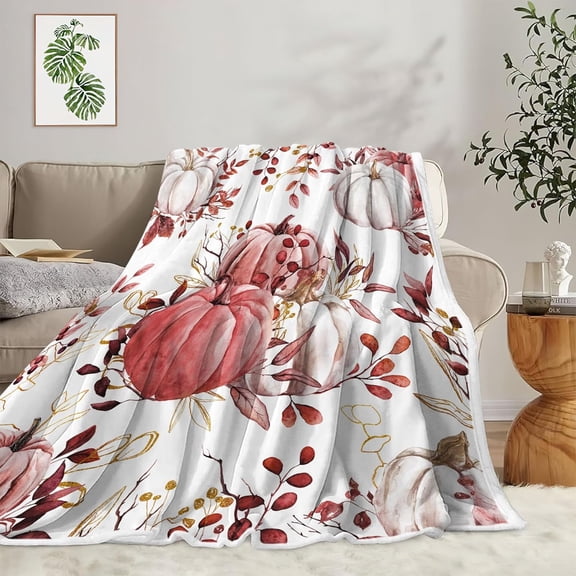 Fall Boho Pumpkin Throw Blanket, Rustic Autumn Maple Leaves Thanksgiving Harvest Decorative Farmhouse Fleece Flannel Blanket, Fall Seasonal Pink Gold Soft Blanket for Bed Couch Sofa 60"X80"