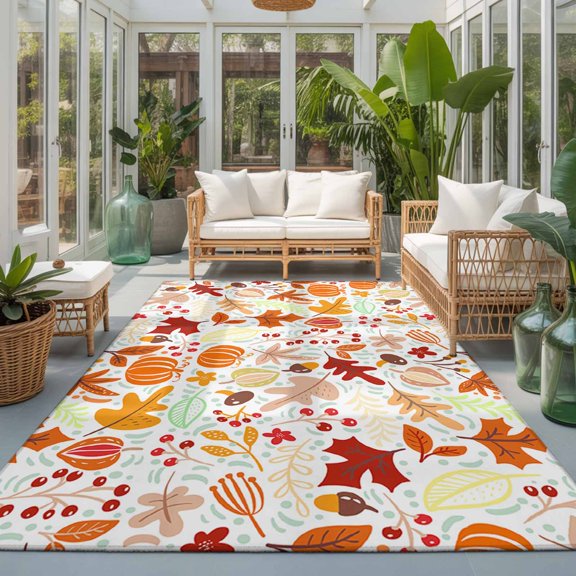 Fall Boho Washable Living Room Rugs 9'x12', Style Cartoon Fall Maple Leaves Washable Throw Large Area Rug Non-Slip Sturdy Edge Binding Carpet for Bedroom Dining Room Office