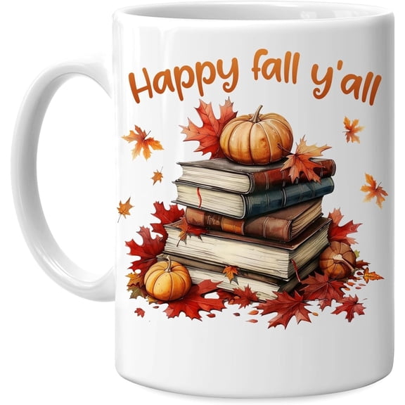 Fall Book Ceramic Mug 1 Side, Autumn Book Lover Gift, Cozy Reader Cup, Thanksgiving Bookish Decor