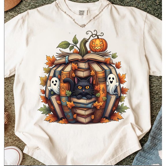 Fall Book Pumpkin Shirt, Halloween Teacher T-Shirt, Ghost Cat Book Lover Tee, Retro Reading Autumn Shirt for Women Men