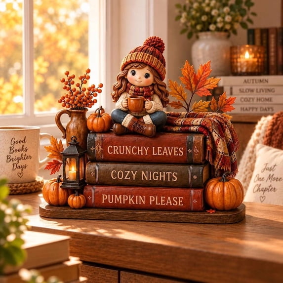 Fall Book Stack Wooden Block with Girl, Cozy Autumn Bookshelf Decor ...
