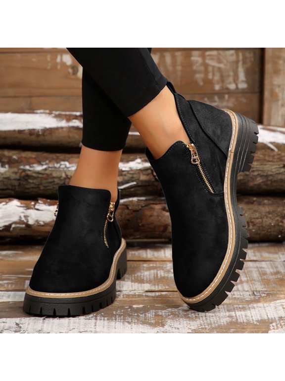 Fall Booties for Women Round Toe Low Chunky Heel Ankle Boots with Dual Side Zippers and Pull Tab Fashionable British Style Fall Shoes