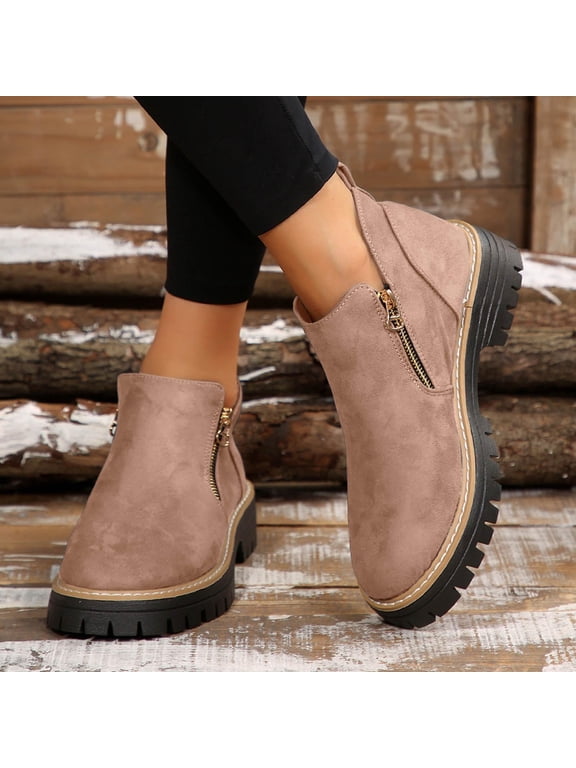 Fall Booties for Women Round Toe Low Chunky Heel Ankle Boots with Dual Side Zippers and Pull Tab Fashionable British Style Fall Shoes
