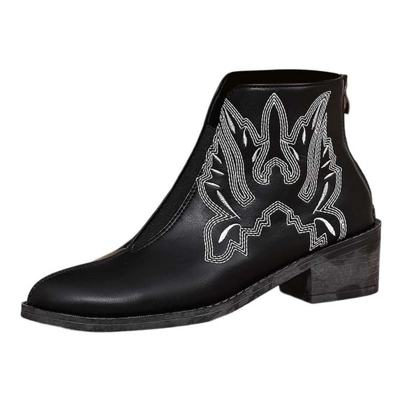 Fall Boots Autumn Big Yards Foreign Trade Square with Pointed Head Back Zipper Boots Female European and Embroidery Fashion in with Women'S's Short Boots