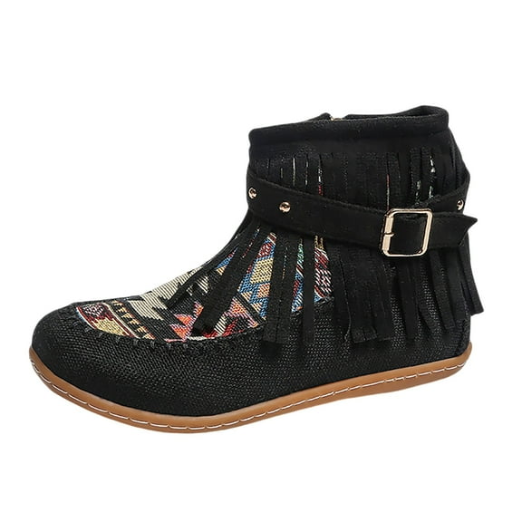 Fall Boots Fashion Print Fringe Ankle Boots Side Zipper Comfortable Casual Booties for Fall Winter
