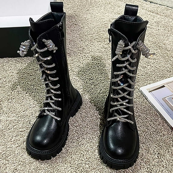 Fall Boots,Girls Boots With Rhinestones Classic Knee High for Kids Fall Winter Footwear for Dress,Baby Girl Boots,01 Black,6-7 Years