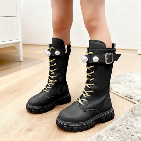 Fall Boots,Girls Fashion Boots Winter Autumn for Pearl Buckle Golden Laces High Top Footwear,Toddler Work Boots,03 Black,4-4.5 Years
