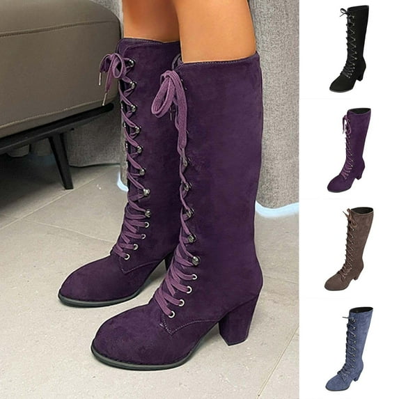 Fall Boots for Women 2025 TKYCMSUAKI Boots for Women Medieval Vintage Chunky Heel Boots Fall Winter Suede Lace Up Mid Calf Boot Goth Steampunk