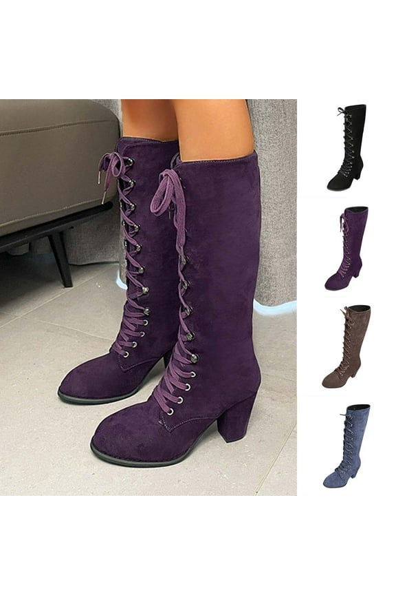Fall Boots for Women 2025 TKYCMSUAKI Boots for Women Medieval Vintage Chunky Heel Boots Fall Winter Suede Lace Up Mid Calf Boot Goth Steampunk