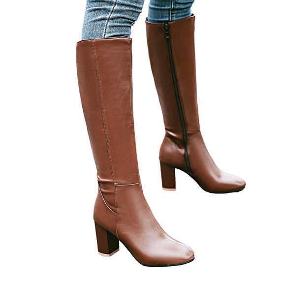 Fall Boots for Women Knee High Leather Pointed Toe Chunky Block High Heel Knee Length Tall Dress Boots Ladies