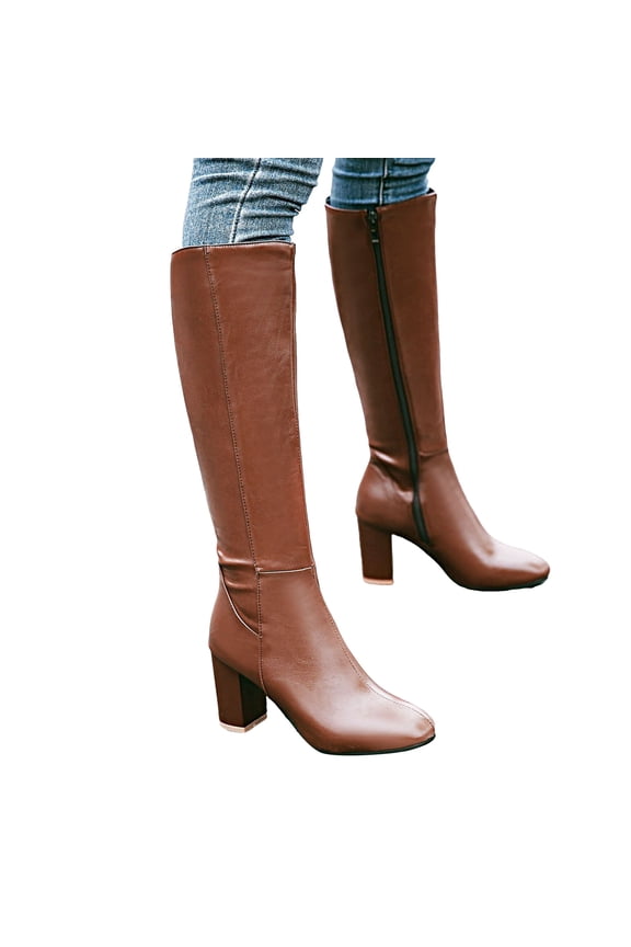 Fall Boots for Women Knee High Leather Pointed Toe Chunky Block High Heel Knee Length Tall Dress Boots Ladies