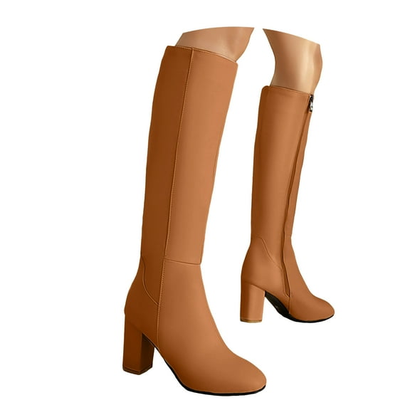 Fall Boots for Women Knee High Leather Pointed Toe Chunky Block High Heel Knee Length Tall Dress Boots Ladies