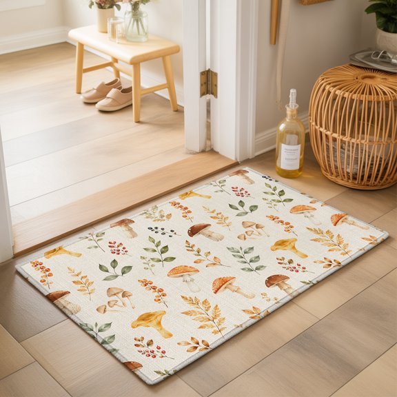 Fall Botanical 2'x3' Small Rugs for Entryway Front Door Kitchen Sink Area, Red Ochre Mushroom Green Brown Leaf Berry Linen Texture Soft Sturdy Mats Washable Non Slip Rectangle Area Rug