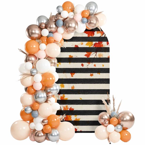 Fall Botanical Arch Backdrop Cover 6Ft, Wedding Arch Covers Stretchy Backdrop, Autumn Maple Leaf Black Striped Fitted 2 Sided Arched Photo Background for Birthday Party Decorations