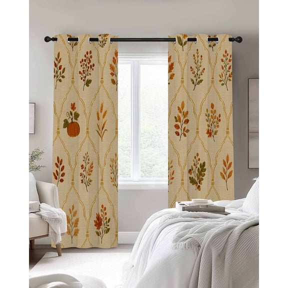 Fall Botanical Blackout Curtains 2 Panels, Vintage Orange Pumpkins Damask Frames Rustic Leaves Thermal Insulated Grommet Window Curtains for Bedroom Living Room 27.5"x39"