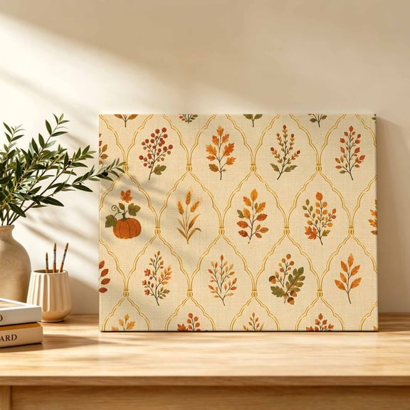Fall Botanical Canvas Wall Art, Vintage Orange Pumpkins Damask Frames Rustic Leaves Wall Art Prints Artwork Framed Canvas Ready to Hang Art Pictures for Bathroom Bedroom Entry Desk Corner 10" x 8"