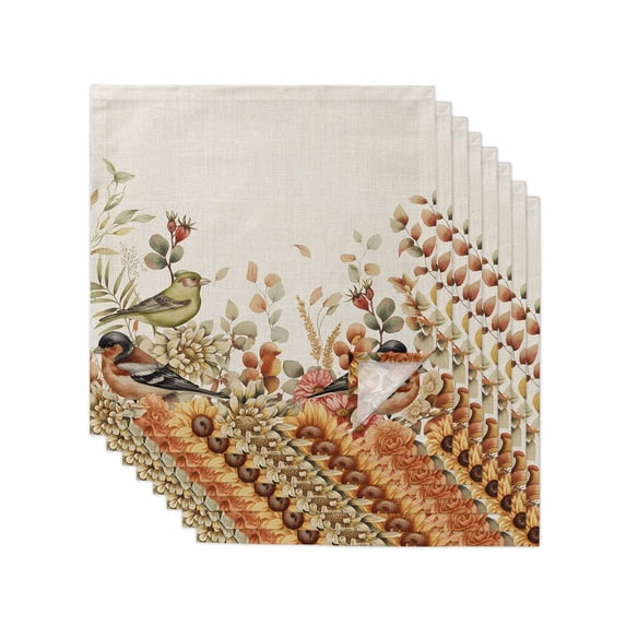 Fall Botanical Cloth Napkins Set of 8 Reusable Dinner Napkins, Sunflower Vintage Floral Botanical Birds Cocktail Napkin Washable Table Napkins for Wedding/Holiday Party/Baby Shower 20"x20"