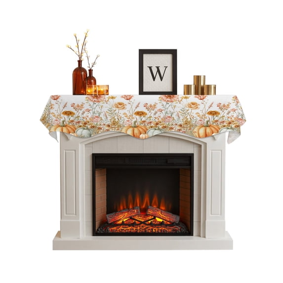Fall Botanical Fireplace Mantel Scarf Cover 60"Wx17"L,Fireplace Mantel Shelf Top Runner,Pumpkins Floral Autumn Farmhouse Mantle Dresser Scarves Table Runner for Holiday Party Living Room Decorations
