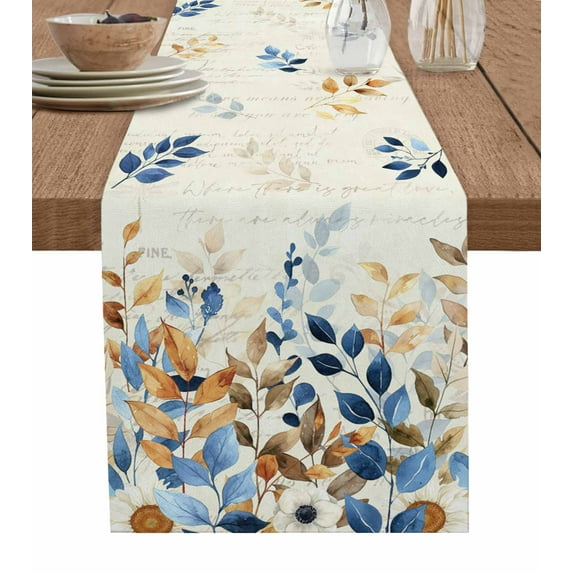 Fall Botanical Leaves Burlap-Cotton Table Runner 48 Inches Long,Blue Orange Brown Eucalyptus Retro Rustic Farmhouse Table Runners,Outdoor Dining Tablecloths Decor for Baby Shower Party Wedding 13x48