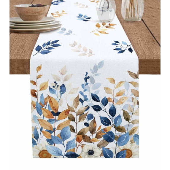Fall Botanical Leaves Burlap-Cotton Table Runner 70 Inches Long,Blue Orange Brown Eucalyptus White Farmhouse Table Runners,Outdoor Dining Tablecloths Decor for Baby Shower Party Wedding 13x70