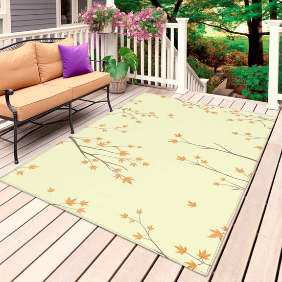 Fall Botanical Outdoor Rug for Patio/Deck/Porch, Non-Slip Large Area Rug 3 x 5 Ft, Orange Autumn Maple Leaf Yellow Indoor Outdoor Rugs Washable Area Rugs, Reversible Camping Rug Carpet Runner