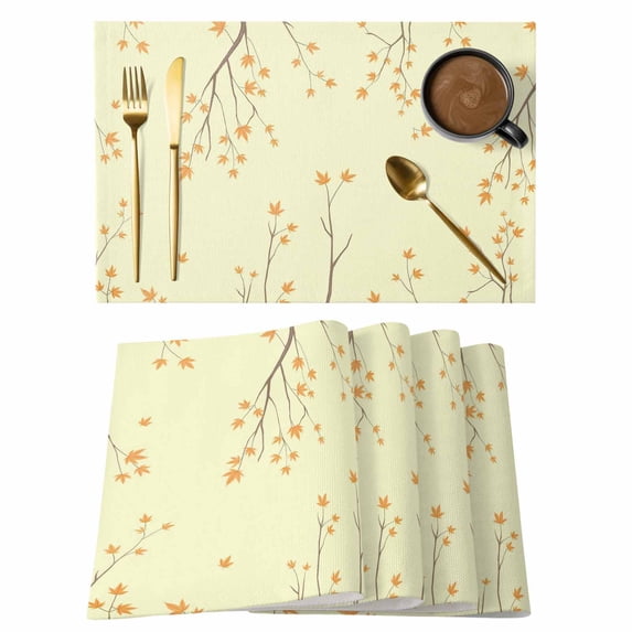 Fall Botanical Placemats Set of 4, Orange Autumn Maple Leaf Yellow Placemats for Dining Table, Place Mats for Kitchen Tabletop, Waterproof Wipeable Dining Table Mats Set