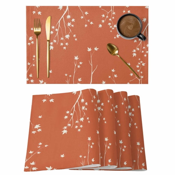 Fall Botanical Placemats Set of 8, Orange Autumn Maple Leaf Farmhouse Placemats for Dining Table, Place Mats for Kitchen Tabletop, Waterproof Wipeable Dining Table Mats Set