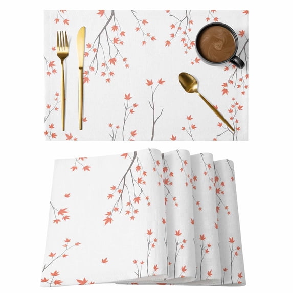Fall Botanical Placemats Set of 8, Orange Autumn Maple Leaf Placemats for Dining Table, Place Mats for Kitchen Tabletop, Waterproof Wipeable Dining Table Mats Set