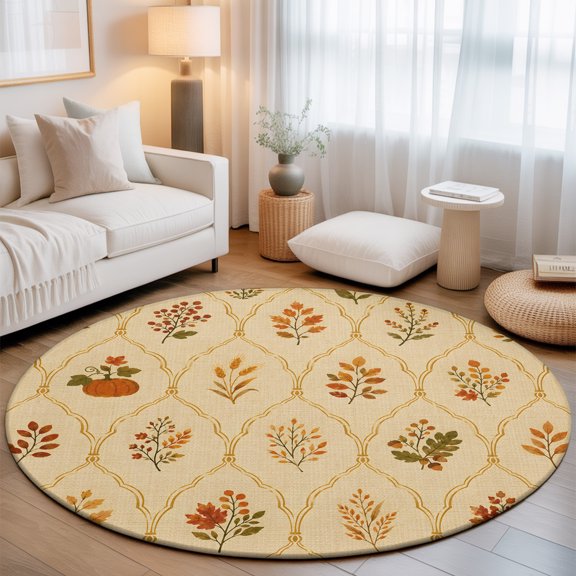 Fall Botanical Round Area Rugs 3 ft, Vintage Orange Pumpkins Damask Frames Rustic Leaves Washable Small Area Rug with Non-Slip Sturdy Edge Binding Round Front Door Mat Floor Carpet for Entryway