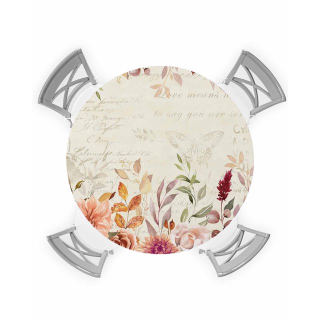 Fall Botanical Round Fitted Tablecloths Table Cover, Orange Red