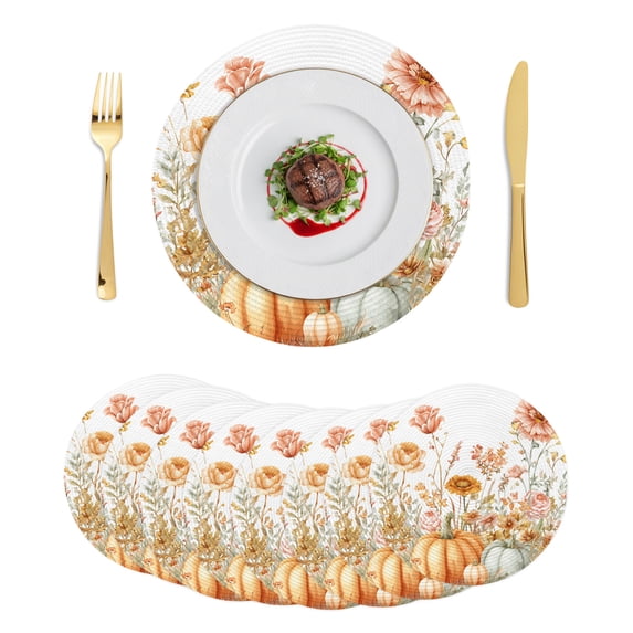 Fall Botanical Round Placemats Set of 8, Braided Polypropylene Place Mats, Pumpkins Floral Autumn Farmhouse Washable Table Mats for Kitchen Dinner Holiday Wedding Party Coffee Table Decoration 15"