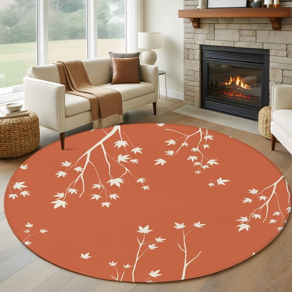 Fall Botanical Round Rug 8ft Washable Circle Rugs Non Slip Orange Autumn Maple Leaf Farmhouse Large Area Rug Indoor Floor Carpet for Bedroom Kitchen Living Room Home Office Dining Room Nursery