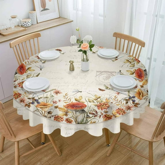 Fall Botanical Round Tablecloth 60 Inch - Waterproof Fabric Table Cloth Protector, Autumn Mushroom Floral Farmhouse Tablecloths Washable Table Cover for Kitchen Banquet Coffee Table Outdoor Party